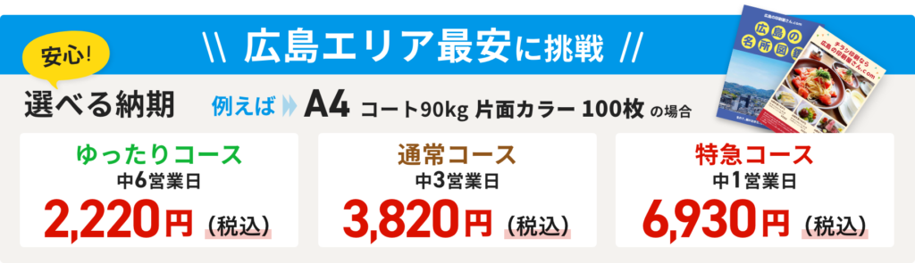 チラシ・フライヤー印刷　広島エリア最安に挑戦！選べる納期　1.ゆったりコース［中6営業日］2,200円（税込）2.通常コース［中3営業日］3,820円（税込）3.特急コース［中1営業日］6,930円【A4コート90kg 片面カラー100枚の場合】