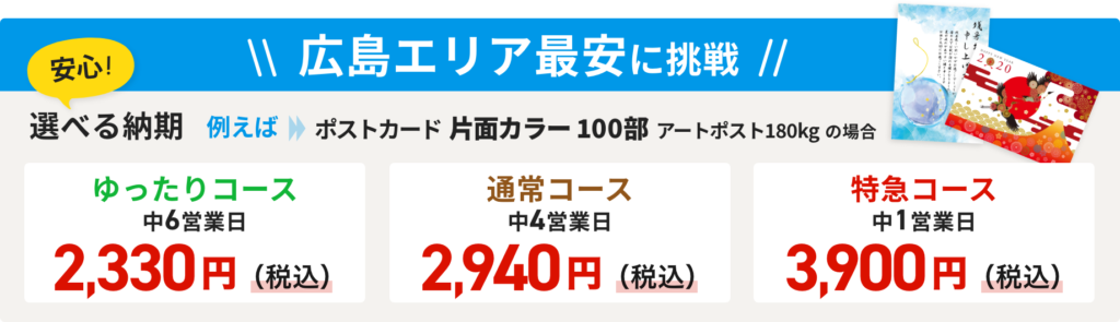 DM・ポストカード印刷 選べる納期 1.ゆったりコース［中6営業日］2,330円（税込）2.通常コース［中4営業日］2,940円（税込）3.特急コース［中1営業日］3,900円（税込）【ポストカード 片面カラー100部 アートポスト180kgの場合】