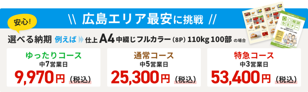 冊子・カタログ印刷 広島エリア最安に挑戦！選べる納期 1.ゆったりコース［中7営業日］9,970円（税込）2.通常コース［中5営業日］25,300円（税込）3.特急コース［中3営業日］53,400円（税込）【仕上A4中綴じフルカラー（8P）110kg 100部の場合】